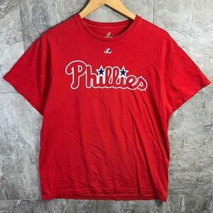 Majestic Red and white MLB Phillies Jersey t-shirt Men's Large #35 Hamels #sport
